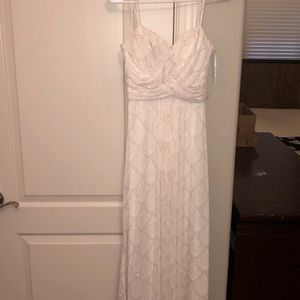 Long white and rose gold prom dress